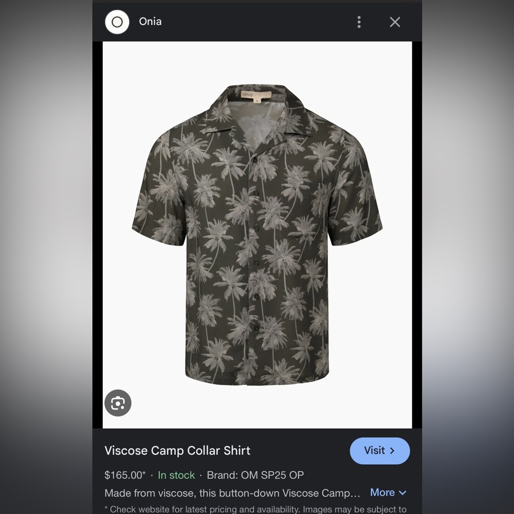 Onia short sleeve camp collar shirt palm tree, brand new